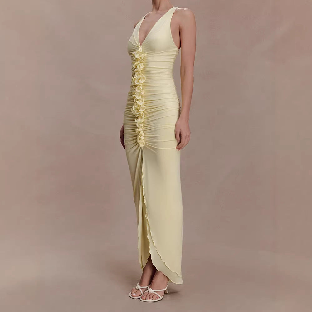 Damen Hochwertiges Abendkleid mit tiefem V-Ausschnitt und Raffungen