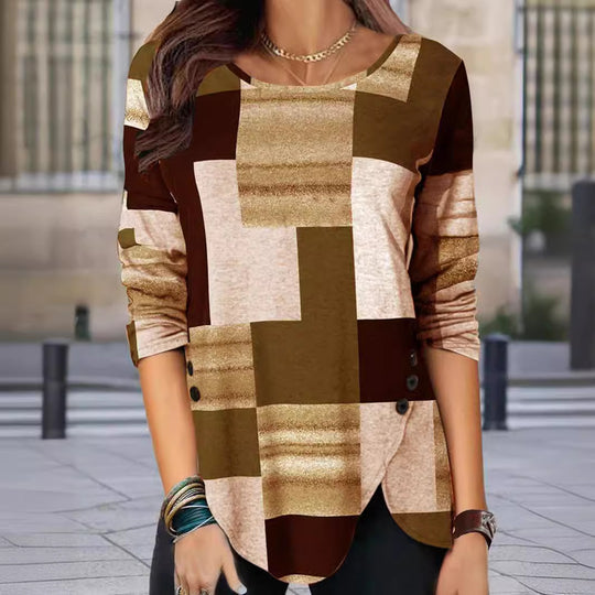 Damen gemustertes Langarm-Tunika-Shirt mit asymmetrischem Saum und dekorativer Knopfleiste Shop Nory