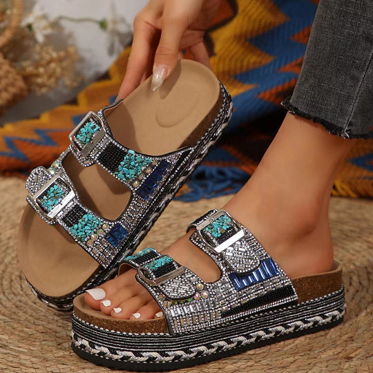 Damen bequeme Sandalen mit dekorativen Steinen und breiten Riemen