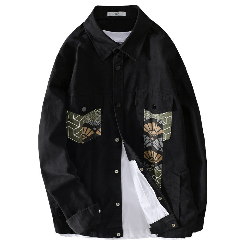Herren Leichtes Canvas-Overshirt im Worker‑Stil mit japanischem Musterpatch und Druckknopfleiste Shop Nory