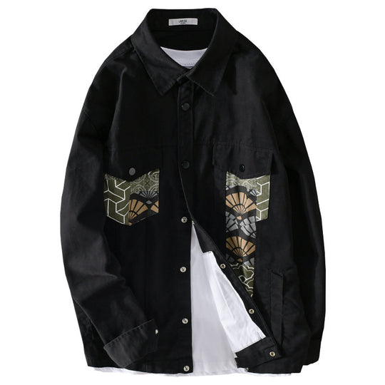 Herren Leichtes Canvas-Overshirt im Worker‑Stil mit japanischem Musterpatch und Druckknopfleiste Shop Nory