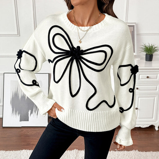 Damen Strickpullover mit kontrastierter Kordelblumenapplikation und Rippbündchen Shop Nory
