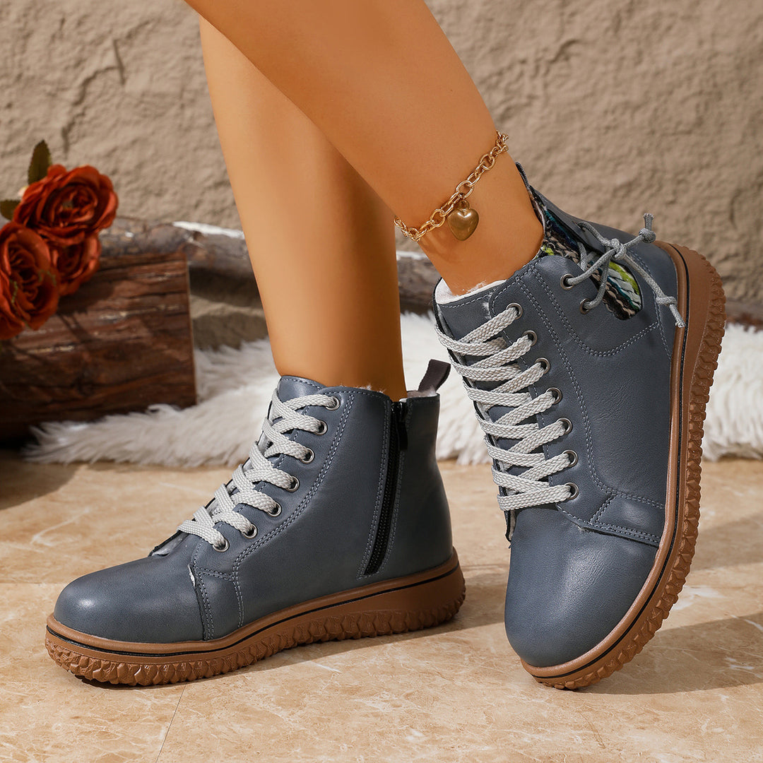 Damen gefütterte Schnürstiefelette mit Teddyfutter, seitlichem Reißverschluss und profilierter Gummisohle Shop Nory