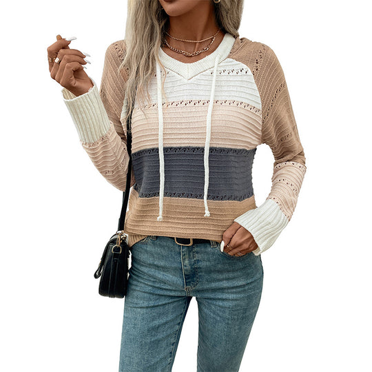 Damen Feinstrick-Kapuzenpullover mit Blockstreifen, V-Ausschnitt und Rippenbündchen Shop Nory