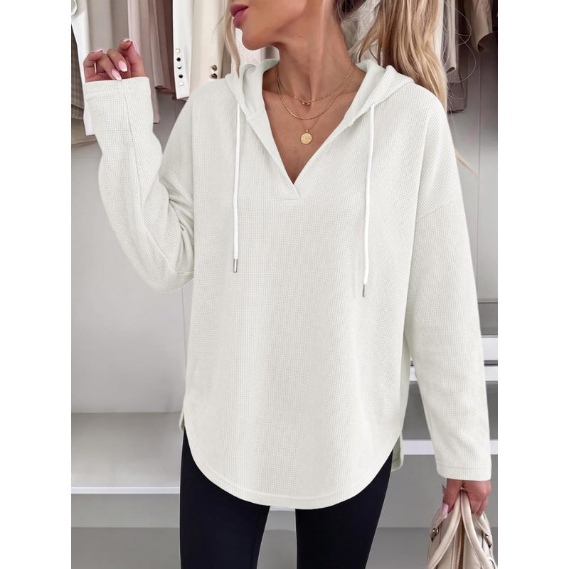 Damen Waffelstrick-Kapuzenpullover mit V-Ausschnitt, Oversize-Schnitt und Seitenschlitzen Shop Nory