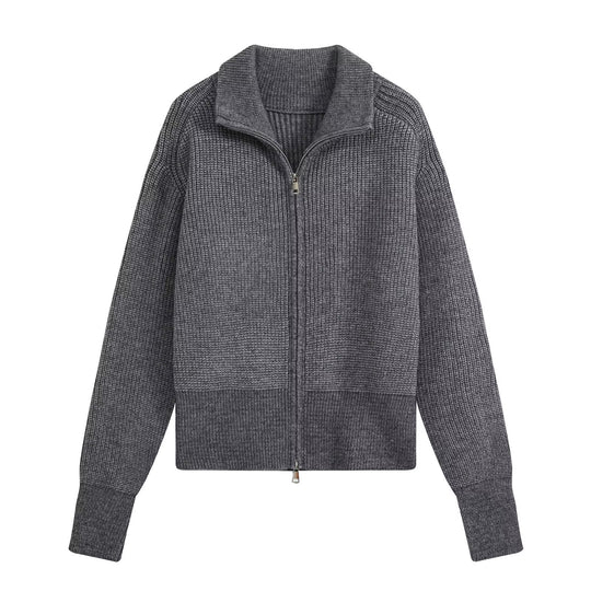 Damen Zweiteiliges Strickset mit Reißverschluss-Cardigan, Stehkragen und weitem Bein Shop Nory