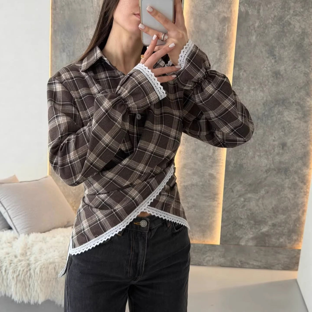 Damen kariertes Hemd mit Spitzenbesatz und asymmetrischem Wickel-Saum Shop Nory