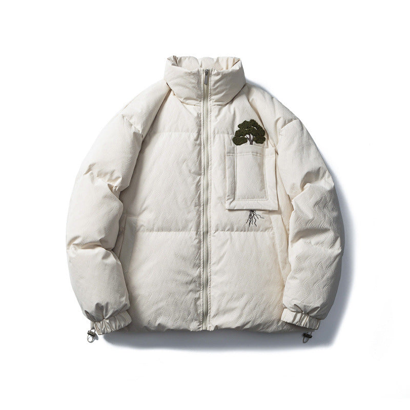 Unisex Kastig wattierte Stehkragenjacke mit Baum-Stickerei, Brustklappentasche und Kordelzugsaum Shop Nory