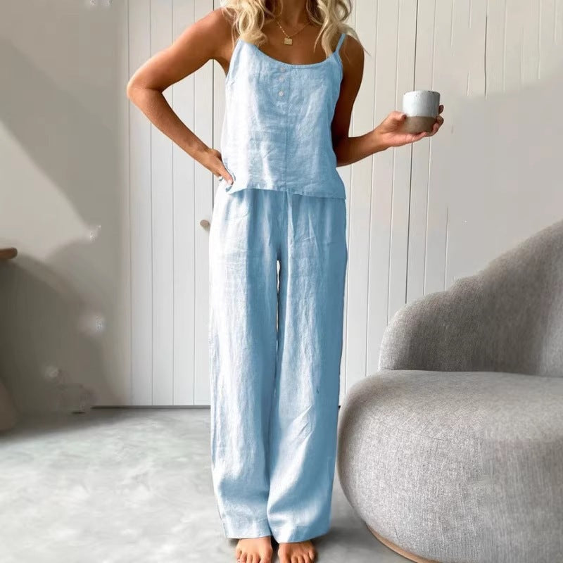 Damen lässiges Leinen-Set mit Trägershirt und weiten Hosen Shopnory
