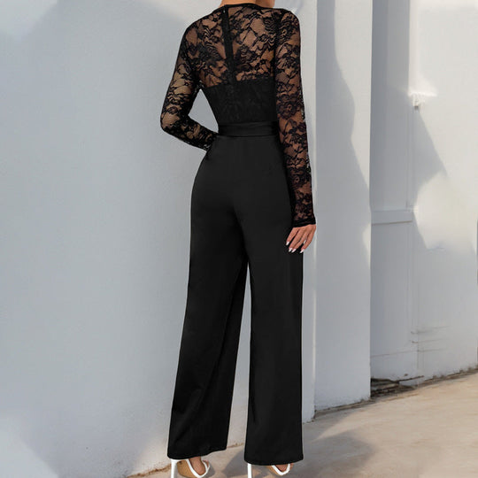 Damen Eleganter Jumpsuit mit Spitzenoberteil und tailliertem Bund