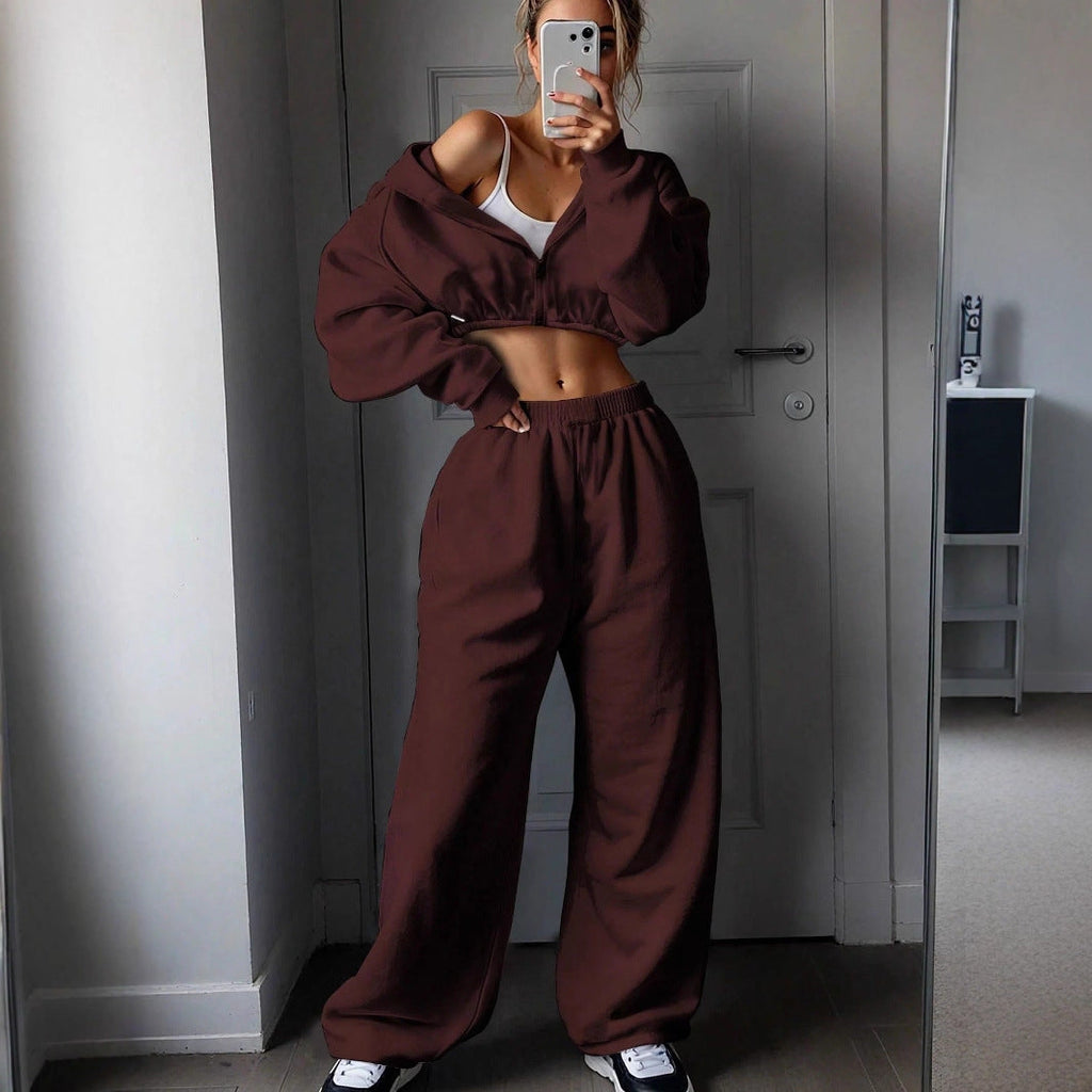 Damen lässiges Cropped Sweat-Set mit voluminösen Ärmeln und weitem Schnitt