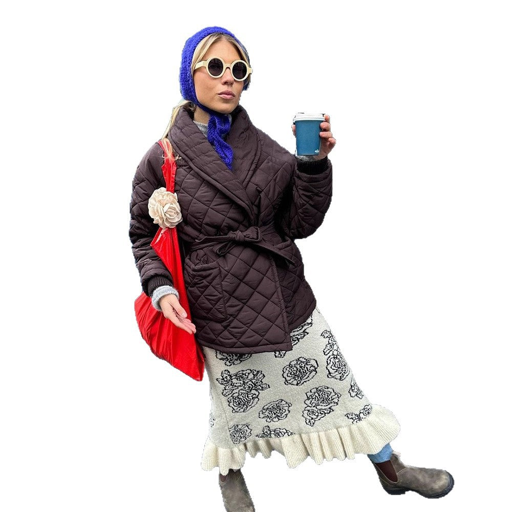 Damen Wickel-Steppjacke mit Taillenbindegürtel und Schalkragen Shop Nory
