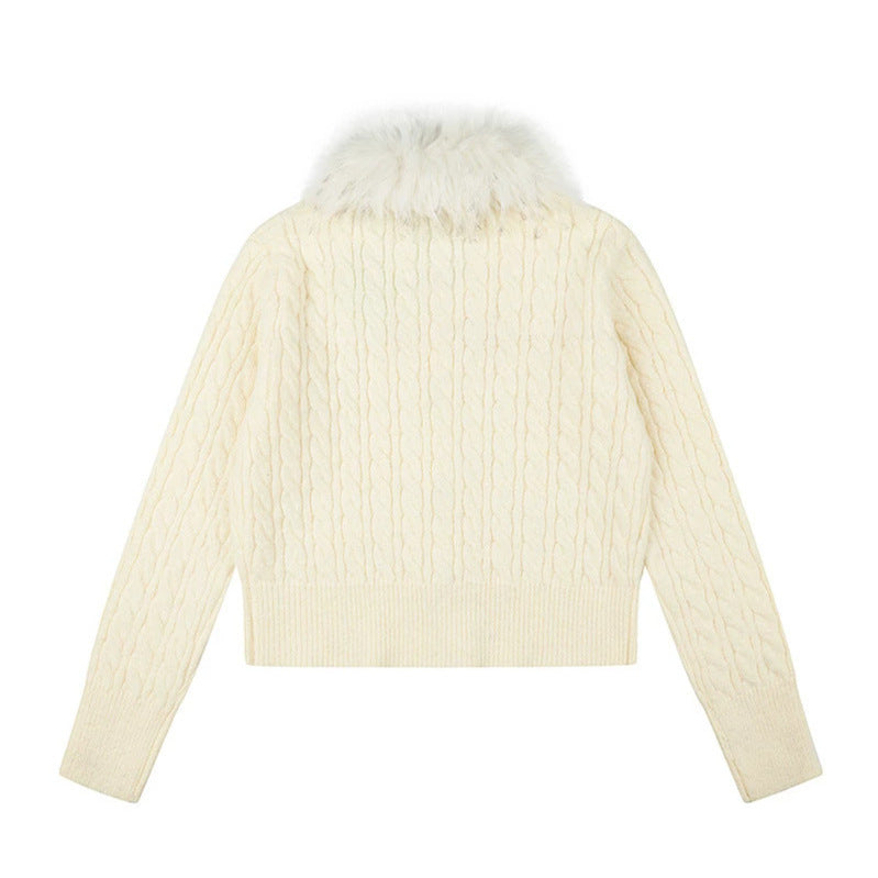 Damen Kurze Zopfmuster-Strickjacke mit abnehmbarem Kunstpelzkragen und Knebelknopfverschluss Shop Nory