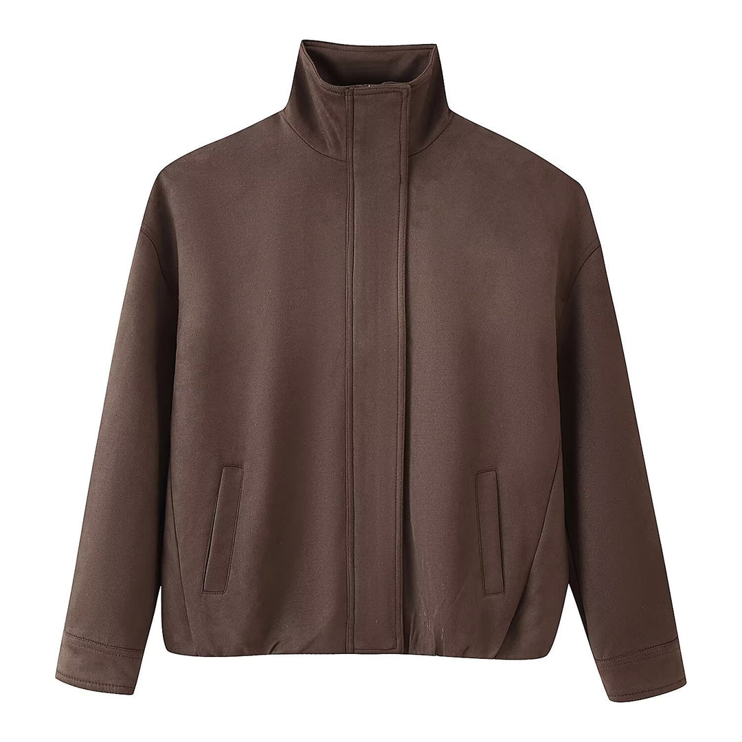 Damen Boxy-Kurzjacke mit hohem Stehkragen, verdeckter Frontblende und Leistentaschen Shop Nory