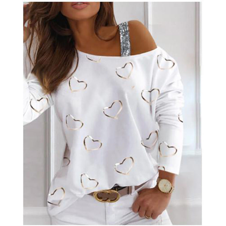 Damen Off-Shoulder Strickpullover mit Herzprint und Paillettenträger Shop Nory