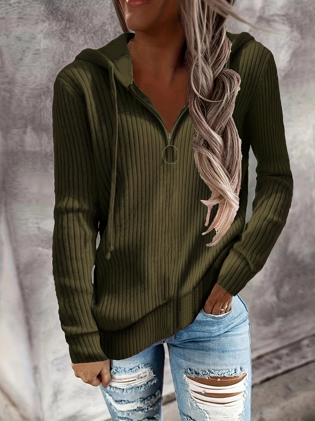 Damen Lässiger Rippstrick-Hoodie mit halbhohem Reißverschluss und Ringzipper Shop Nory