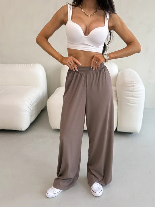 Damen weite High-Waist Palazzo-Hose aus geripptem Jersey mit elastischem Bund Shop Nory