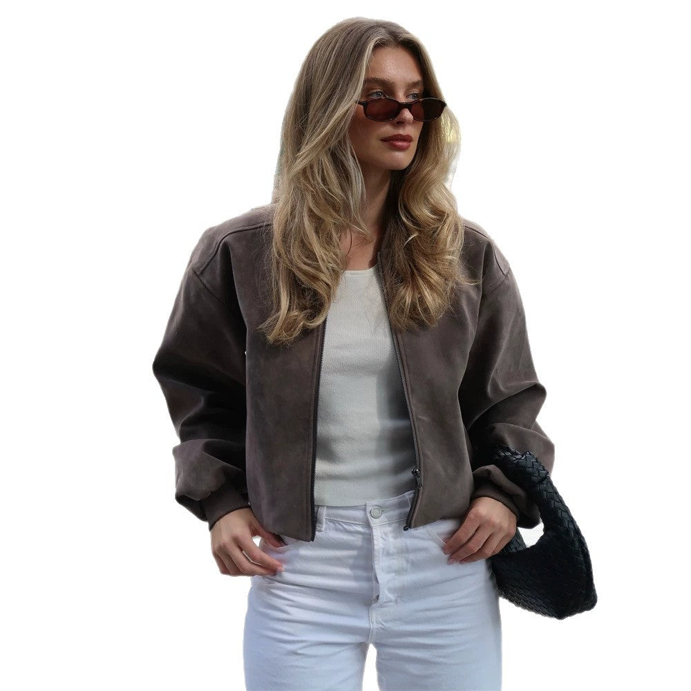 Damen Kurze Boxy-Suede-Bomberjacke mit Stehkragen und gerippten Bündchen Shop Nory