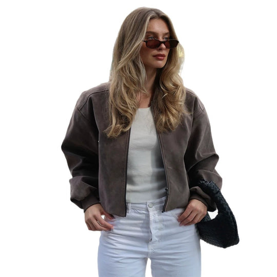 Damen Kurze Boxy-Suede-Bomberjacke mit Stehkragen und gerippten Bündchen Shop Nory