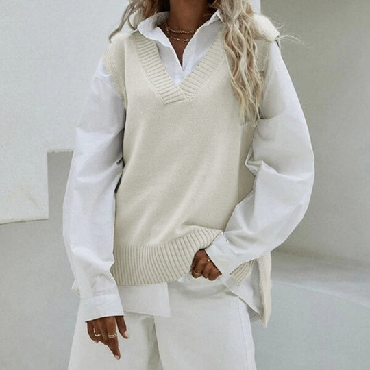 Damen Ärmellose Strickweste mit V-Ausschnitt und seitlichen Schlitzen Shop Nory