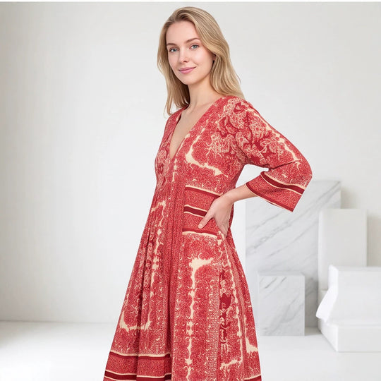 Damen V-Ausschnitt Midikleid mit dreiviertel Ärmeln, Eingrifftaschen & ausgestellter A‑Linien‑Silhouette Shop Nory