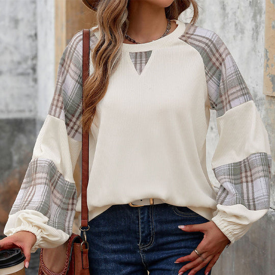 Damen Oversize-Longsleeve mit karierten Chiffon-Raglanärmeln und gerafften Manschetten Shop Nory