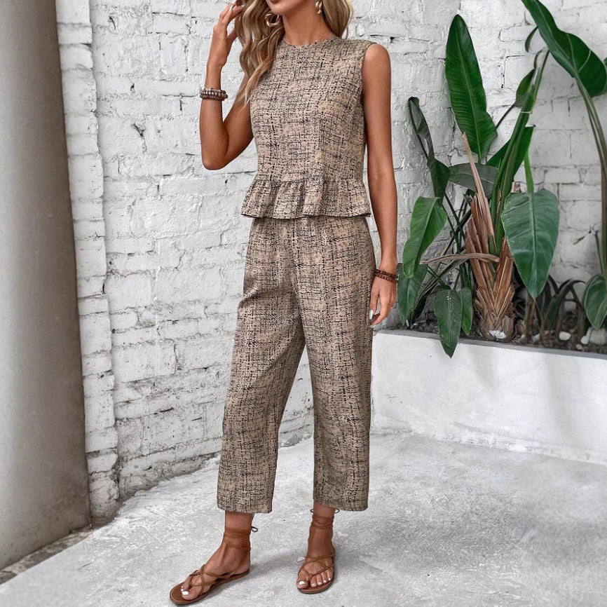 Damen zwei-teiliges Set mit peplum Oberteil und weit geschnittenen Hosen