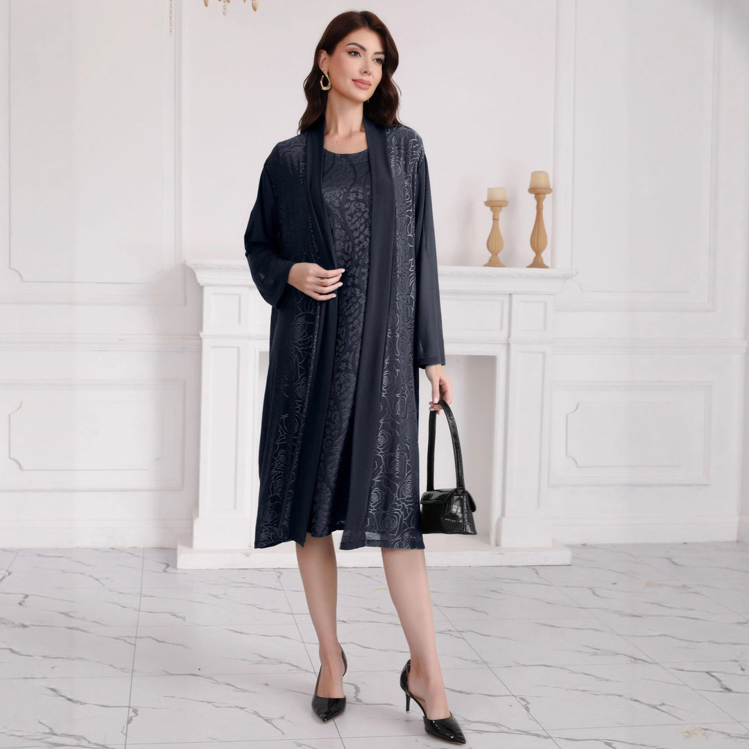 Damen Zweiteiliges Midikleid-Set mit floralem Jacquard-Overlay und offenem Mantel Shop Nory
