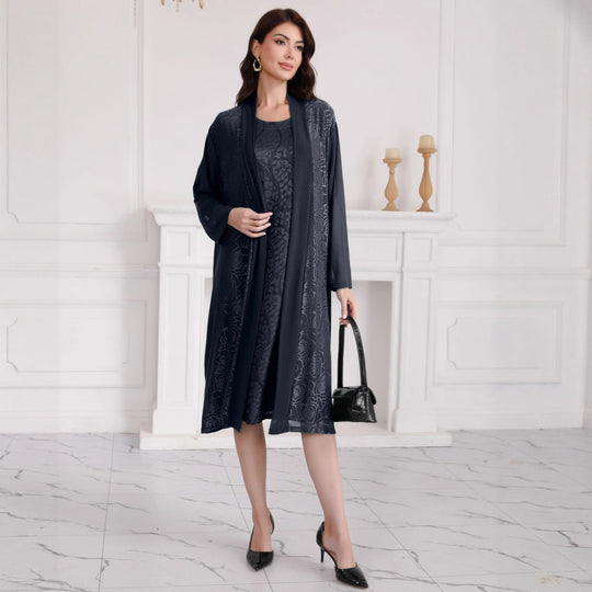 Damen Zweiteiliges Midikleid-Set mit floralem Jacquard-Overlay und offenem Mantel Shop Nory