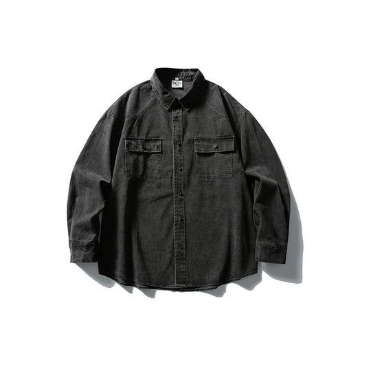 Unisex Oversize Baumwoll-Denim Hemdjacke mit aufgesetzten Brusttaschen und gerundetem Saum Shop Nory