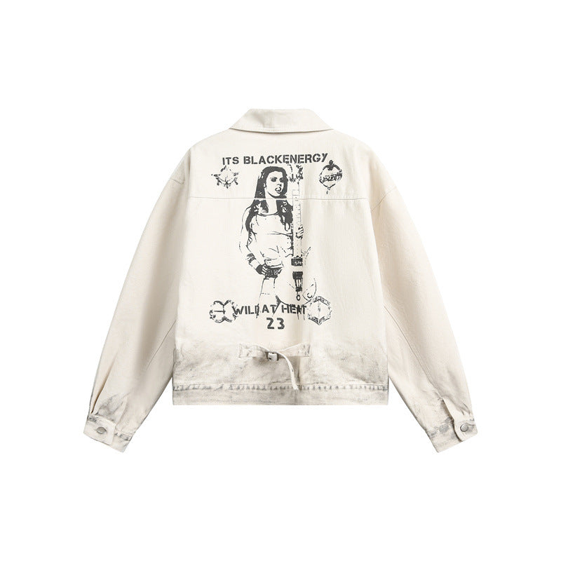 Unisex Boxy-Jeansjacke mit verwaschenem Paint‑Effekt und dezenter Stickerei Shop Nory