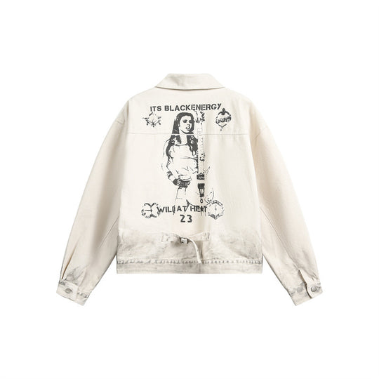 Unisex Boxy-Jeansjacke mit verwaschenem Paint‑Effekt und dezenter Stickerei Shop Nory