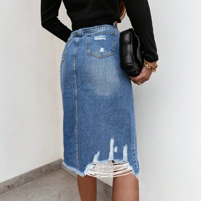 Damen Taillenhoher Destroyed-Denim Midirock mit mittigem Frontschlitz und ausgefranstem Saum Shop Nory