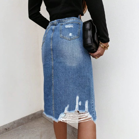 Damen Taillenhoher Destroyed-Denim Midirock mit mittigem Frontschlitz und ausgefranstem Saum Shop Nory
