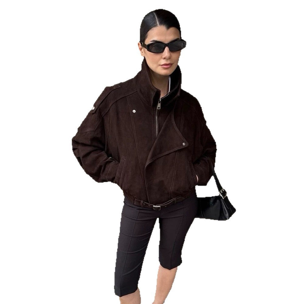 Damen Kurze Veloursleder-Bomberjacke mit hohem Stehkragen und Taillengürtel Shop Nory