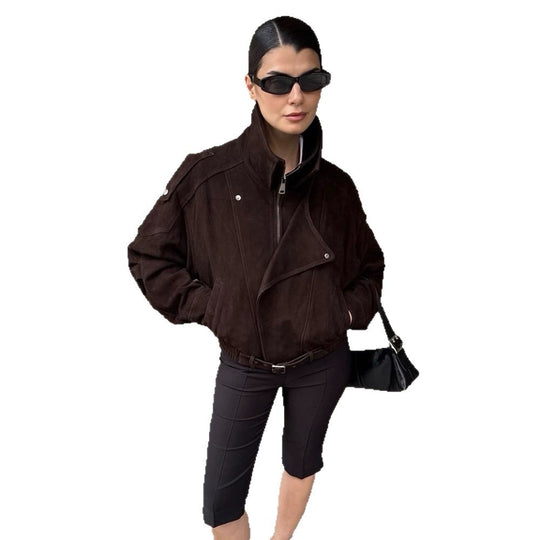 Damen Kurze Veloursleder-Bomberjacke mit hohem Stehkragen und Taillengürtel Shop Nory