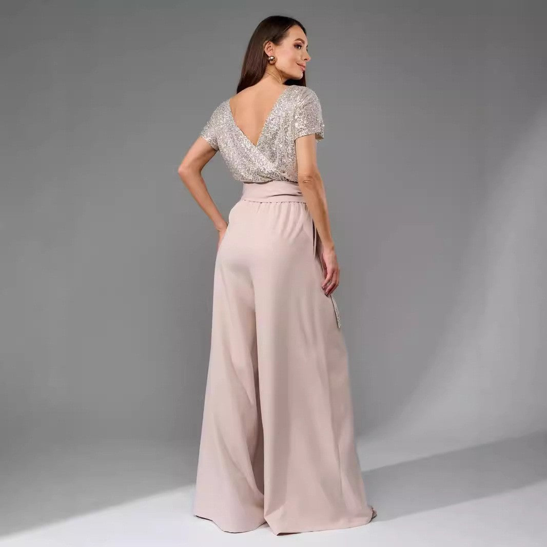 Damen Glitzernder Jumpsuit mit weitem Bein und Taillengürtel