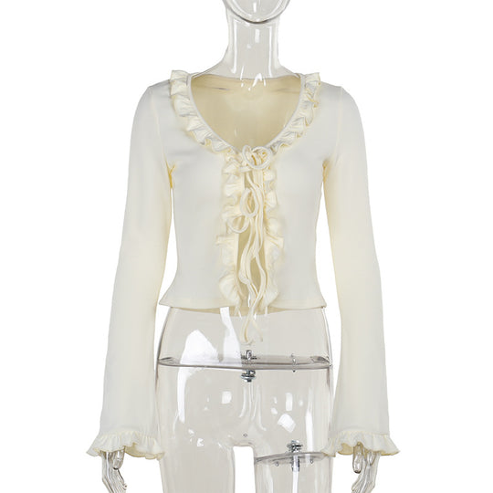 Damen Kurzes Rüschen-Longsleeve mit V-Ausschnitt und Schnürdetail Shop Nory