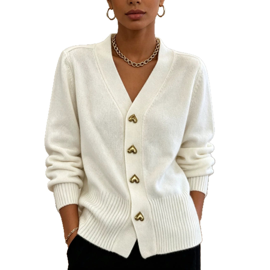 Damen Oversize V-Ausschnitt Strickcardigan mit herzförmigen Schmuckknöpfen Shop Nory