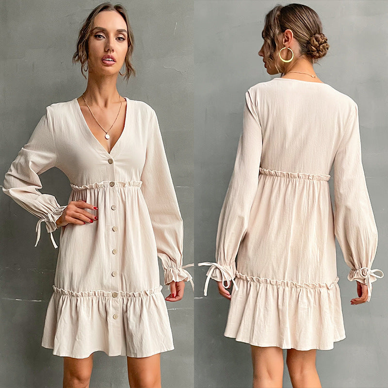 Damen Button-Midikleid mit V-Ausschnitt, Rüschen-Taille und Bindärmeln Shop Nory