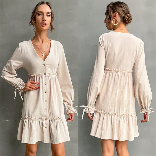 Damen Button-Midikleid mit V-Ausschnitt, Rüschen-Taille und Bindärmeln Shop Nory