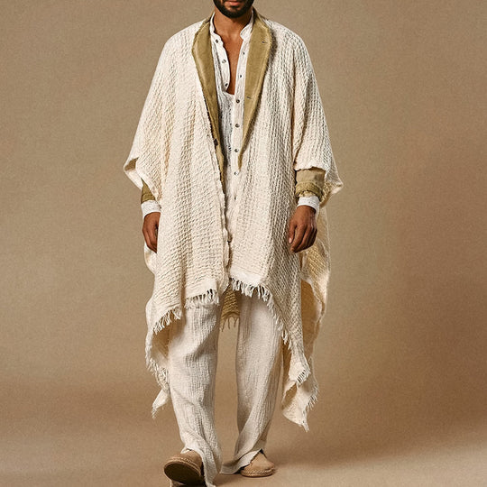Herren weit geschnittener Baumwoll-Leinen Poncho mit Fransen und offener Front Shop Nory