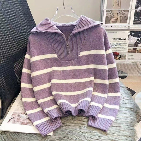 Damen Gestreifter Halb-Reißverschluss Strickpullover mit Rippenkragen Shop Nory