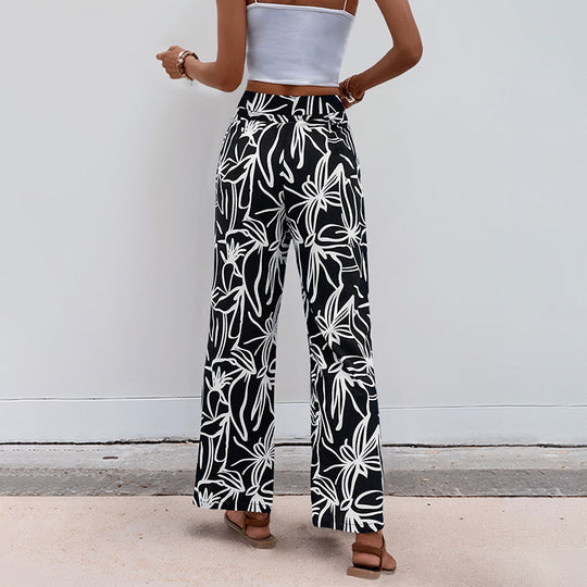 Damen Weite Leinenoptik-Hose mit hohem Bund und floralem Print Shop Nory