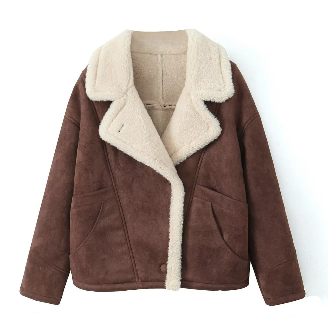 Damen Oversized Kurzjacke aus Wildlederoptik mit Teddyfutter und großem Reverskragen Shop Nory