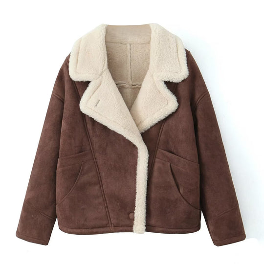 Damen Oversized Kurzjacke aus Wildlederoptik mit Teddyfutter und großem Reverskragen Shop Nory