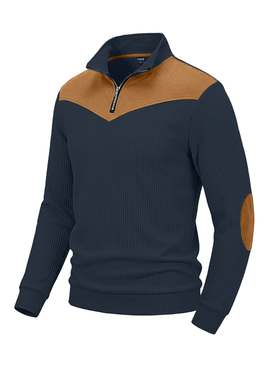 Herren Strickpullover mit Troyerkragen, Rippenstruktur und Ellbogen-Patches Shop Nory
