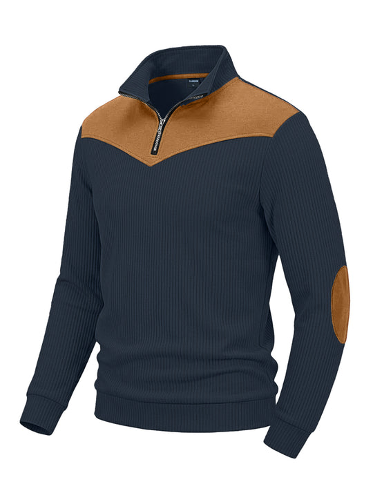 Herren Strickpullover mit Troyerkragen, Rippenstruktur und Ellbogen-Patches Shop Nory