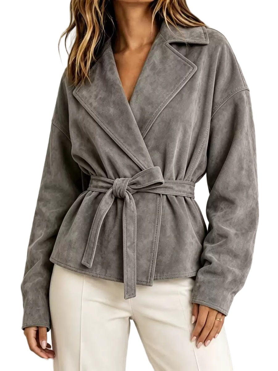 Damen Veloursleder-Blazer mit Wickelgürtel und Oversize-Ärmeln Shop Nory