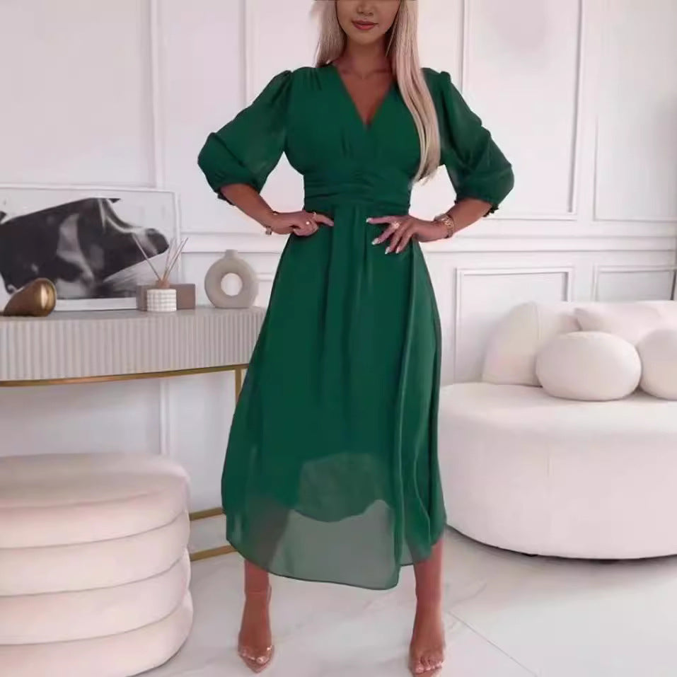 Damen Chiffon Maxi Kleid mit V-Ausschnitt, Rüschengesäß und 3/4 Ärmeln Shop Nory